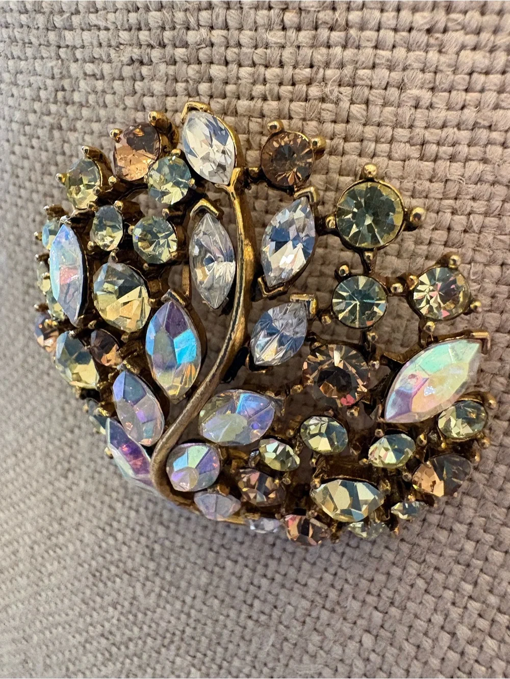 Retro Aurora Borealis Crystal Tree Brooch Gold Tone